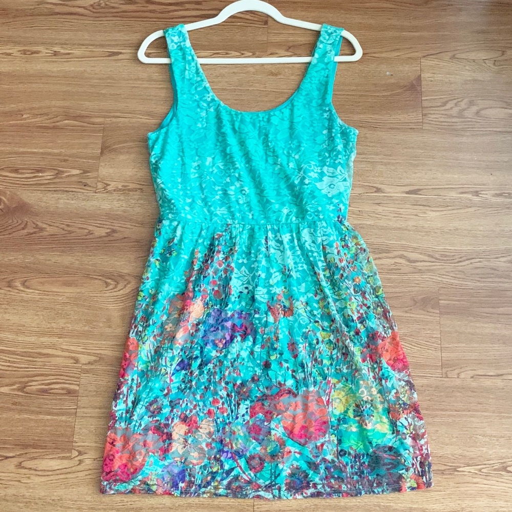 Blue Lace Sundress Multicolored Floral Print